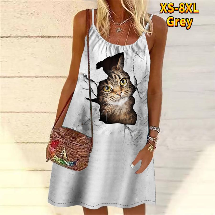 

Женское мини-платье с цветочным принтом и двумя котятами, вечернее платье без рукавов, летнее пляжное платье, сарафан 8XL серый