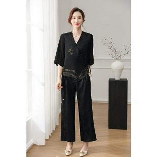 

Mom s Summer 2026 Wide-Leg Pants Suit with Short-Sleeved T-shirt for Middle-Aged & Elderly Women XL чорний