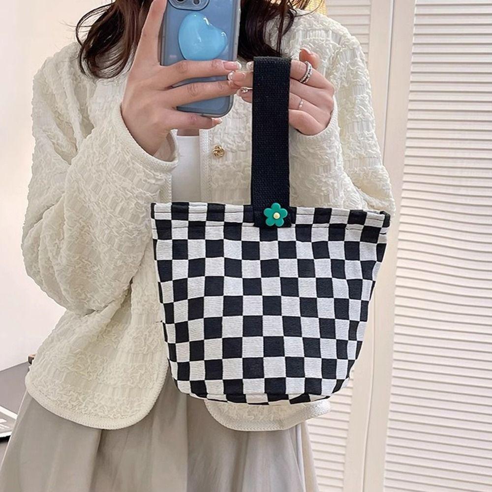 Canvas Plaid Tote Lunch Bag Stripe Top-handle Handbag Reusable Lattice Bucket Bag Travel