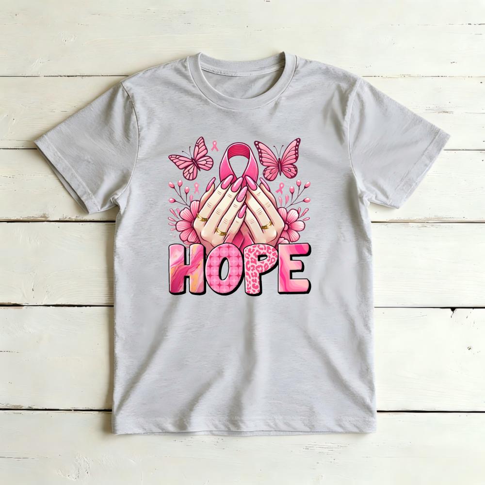 Hope Floral Nails Butterfly Pink Ribbon Graphicunisex Summer Cotton T Shirt Positive Breast Cancer Short Sleeve Basic Tee