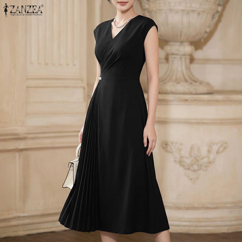 ZANZEA Women Elegant Casual V-Neck Solid Color Sleeveless Dress