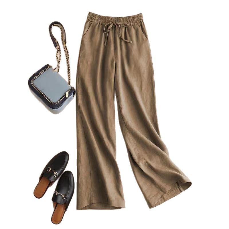 Women's Cotton Linen Elastic Waist Wide Leg Pants - Plus Size, Casual, Draping Straight Leg, Spring/Summer