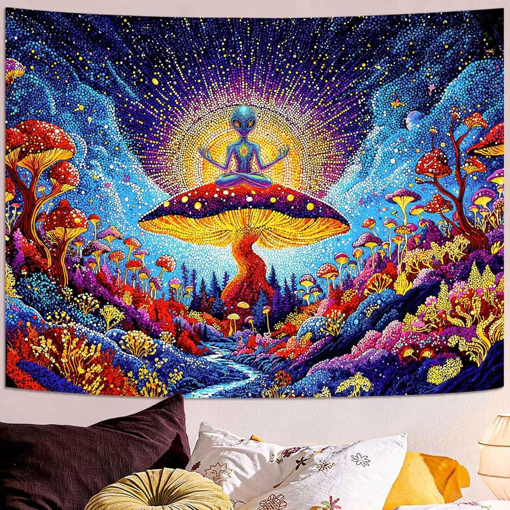 Yeoiat Meditating Alien Mushroom Tapestry Fantastic Wonderland Wall Hanging Aesthetic Decor for Bedroom Dorm Living Room, 60x44 Inch