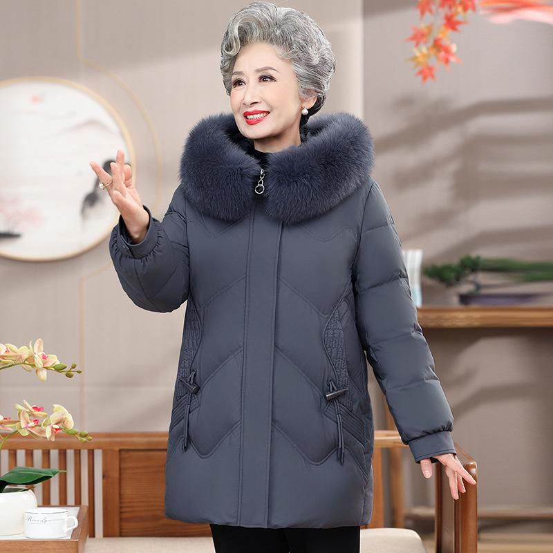 

Women s Mid-Length Down Jacket for Elderly: Loose, Thickened Winter Coat for Mom, Grandma, Wife—Casual and Warm. 5XL (150-165 jin) серый/синий