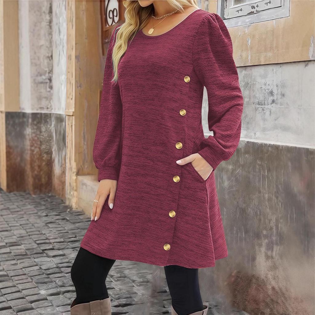 2025 Women's Solid Color Crew Neck Long Sleeve Dress with Pockets and Buttons