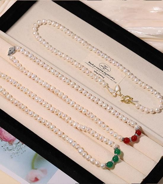 Zhuji Süßwasserperlen-Halskettenset für Damen - Echte Perlen Schlüsselbeinkette - Muttertagsgeschenk