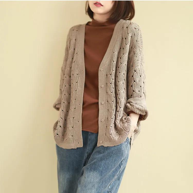 Sweaters Coat Cardigan for Women Winter Oversize Hollow-out Solid Color Loose Long Sleeve Knit Sweaters Coat