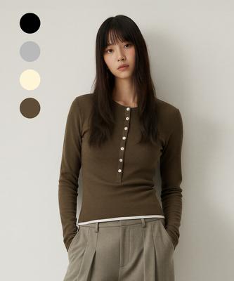 Beoteunseoul [Womens] Tiny Button Henley Neck Slim Long Sleeve T-Shirt (4 Colors)