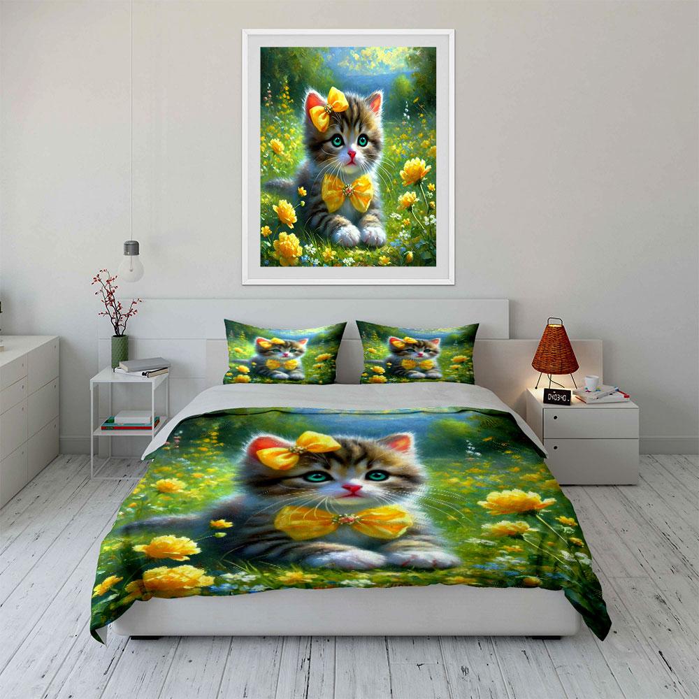 Adorable Cat With Bright Yellow Flowers Print Soft Comfortable Duvet Cover Bedding Set Included 1*Duvet Cover  2*Pillowcases