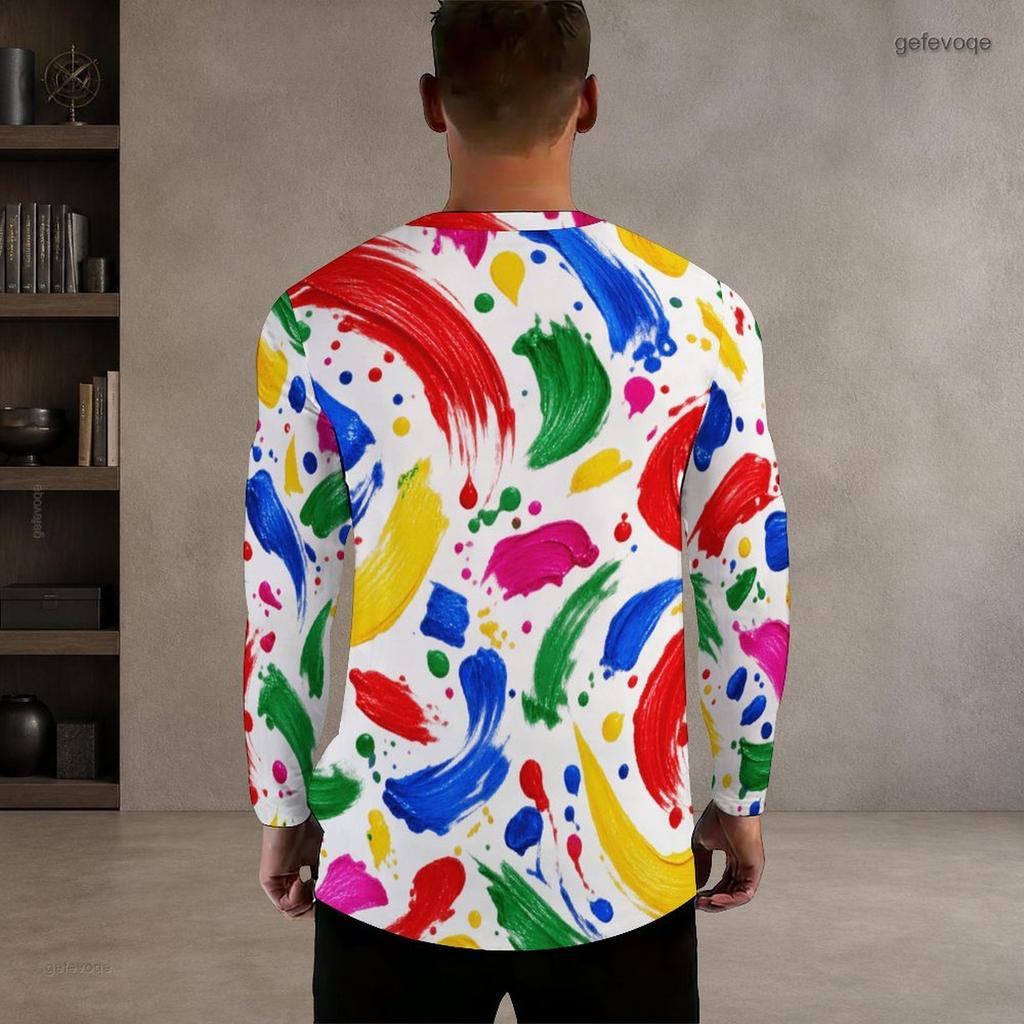 Men Plus Size Round Neck Long Sleeve Printed White T Shirt Casual Pullover