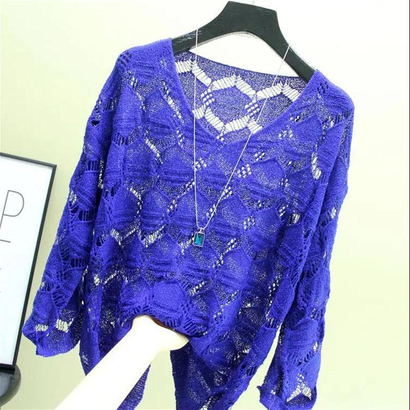 Camisa de Seda de Hielo Top de Protección Solar Hueco de una Pieza con Suéter de Punto Fino Suéter Holgado para Mujer Hueco Ligero y Transpirable