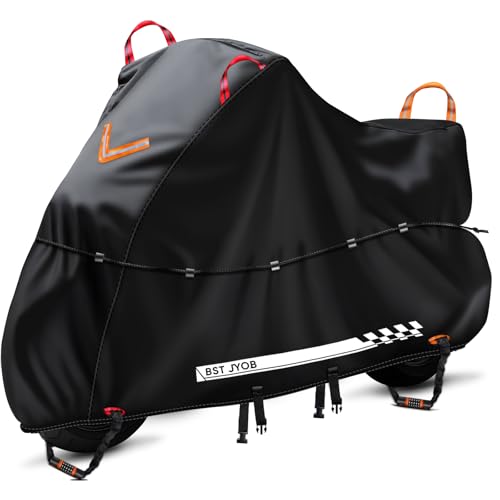 

Bst Jyob Motorcycle Cover, 500D Thick, Waterproof [Unique Waist Drawstring & Strong Wind Protection], Oxford Fabric, Front and Rear Locking Holes, Ref