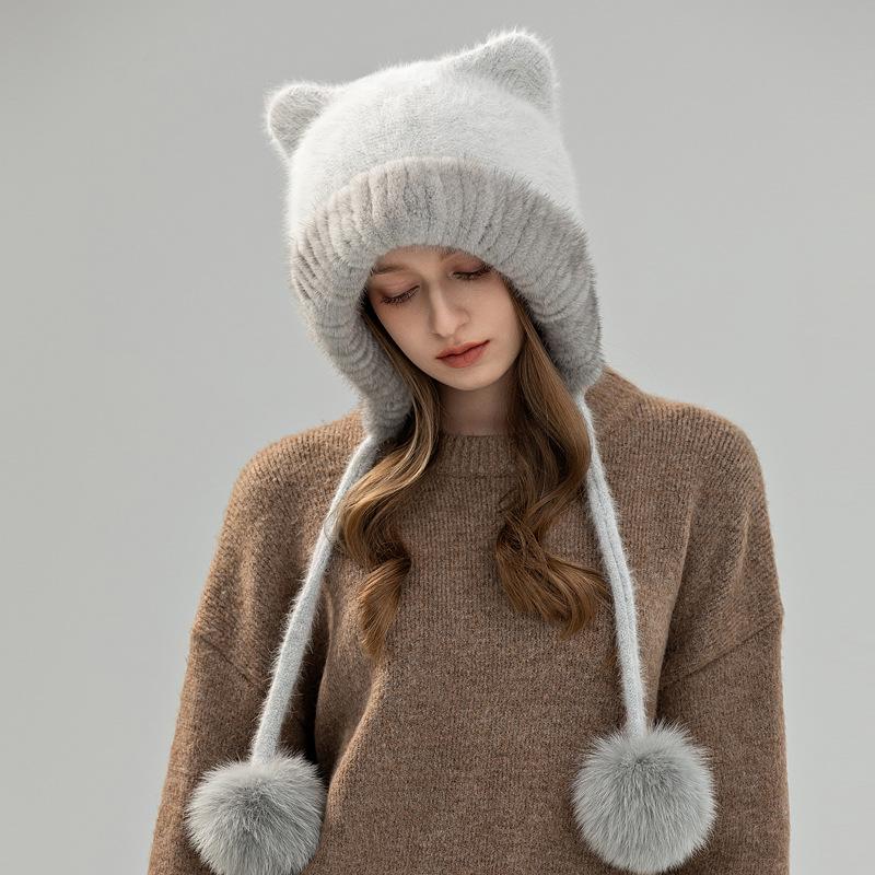Luxury Women's Hand Knitted Adjustable Winter Beanie Mink/Fox Fur Lined Thermal Ear Protection Fashionable Functional Earmuffs