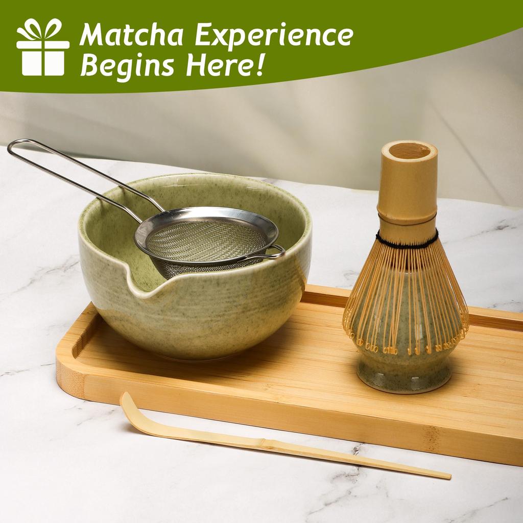 DiDiBirDi Matcha Tea Ceremony Includes Matcha Matcha Whisk Matcha Bamboo Traditional Bamboo and Stainless Steel Sieve Set, 5-Piece Set, Bowl, Stand,