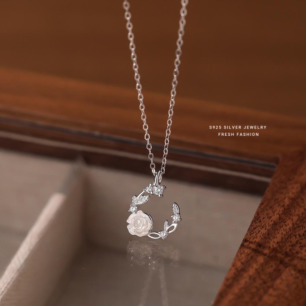 Beixi S925 Sterling Silver Floral Fairy Necklace: Elegant Iridescent Rose  Crescent Moon Design for Women 925 Silver