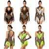 Women Leopard Print Latin Bodysuit Oversleeve Tassel Keyhole Backless Hollow Waist Button Crotch Leotard