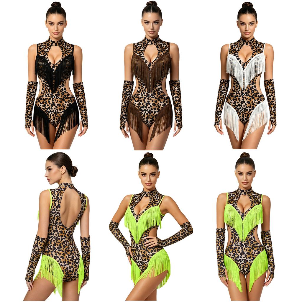 Women Leopard Print Latin Bodysuit Oversleeve Tassel Keyhole Backless Hollow Waist Button Crotch Leotard