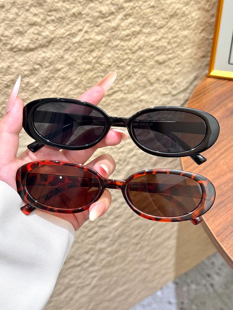 2Pcs Oval Narrow Frame Women's Sunglasses Set, Two Colors, No Style Preference, Fashionable Outfits, Street Photography, Driving