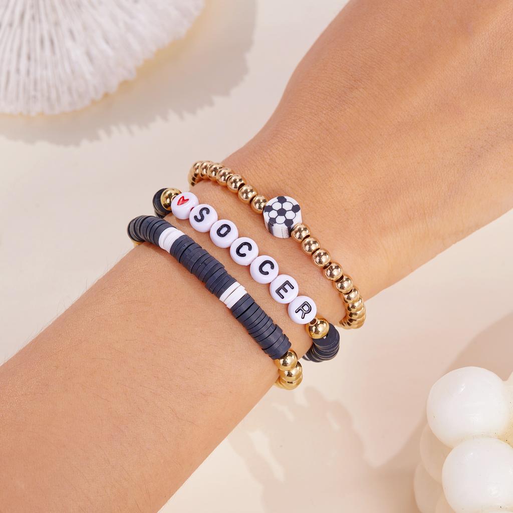 3 Pcs Football Basketball Baseball Volleyball Bracelet Soft Clay Pottery Gold Color Beads Bangle Unisex Student Sports Jewelry
