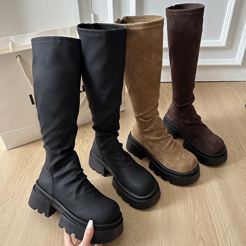 Chunky Women Knee High Boots Fashion Back Zippers Knight Long Boots Platform Heels Autumn Winter Ladies Shoes