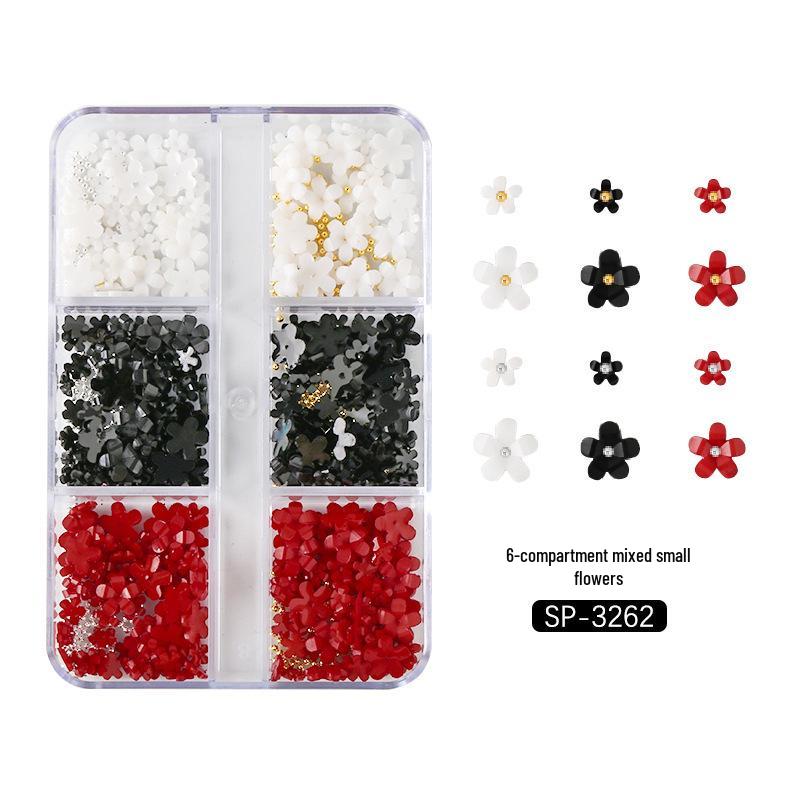 6-Grid Nail Art Set: Resin Mix, Pearls, Steel Beads, Macaron & Candy Color Flowers 3D Decor.