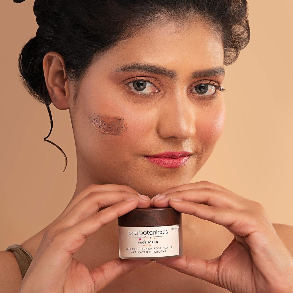 bhu botanicals Skin Brightening Face Scrub| Saffron | French Rose Clay | Activated Charcoal | Tan Removal | Deep Exfoliation | Oily to Normal skin