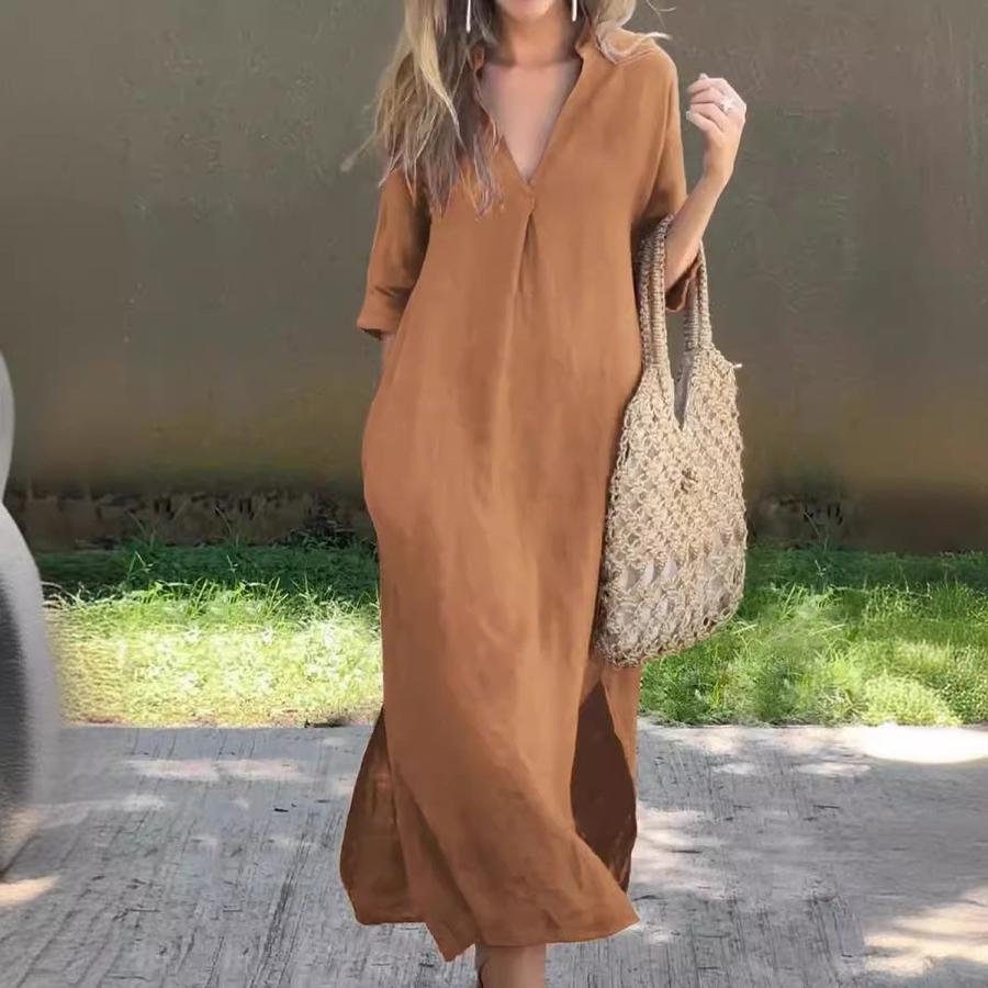 Women's Summer Side Slit Pocket V-Neck  Sleeve Pleated Dress