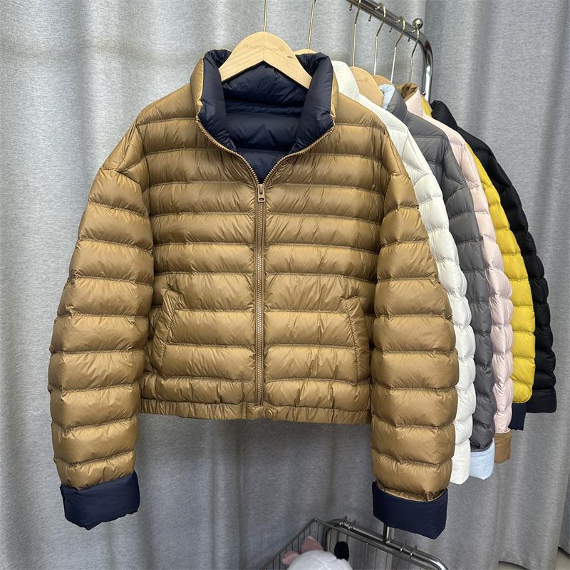 White duck down new down jacket women's short contrasting color stand-up collar ribs double-sided color matching warm jacket