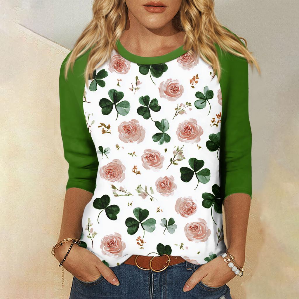 Women's St. Patrick's Day Print Round Neck Three-Quarter Sleeve Top
