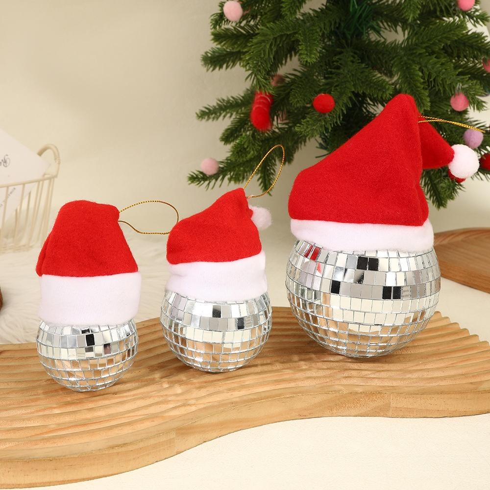 12pcs Christmas Decoration Balls Red Christmas Hat Mirror Disco Ball Pendant Xmas Tree Hanging Ornaments Home Party Decoration Gift