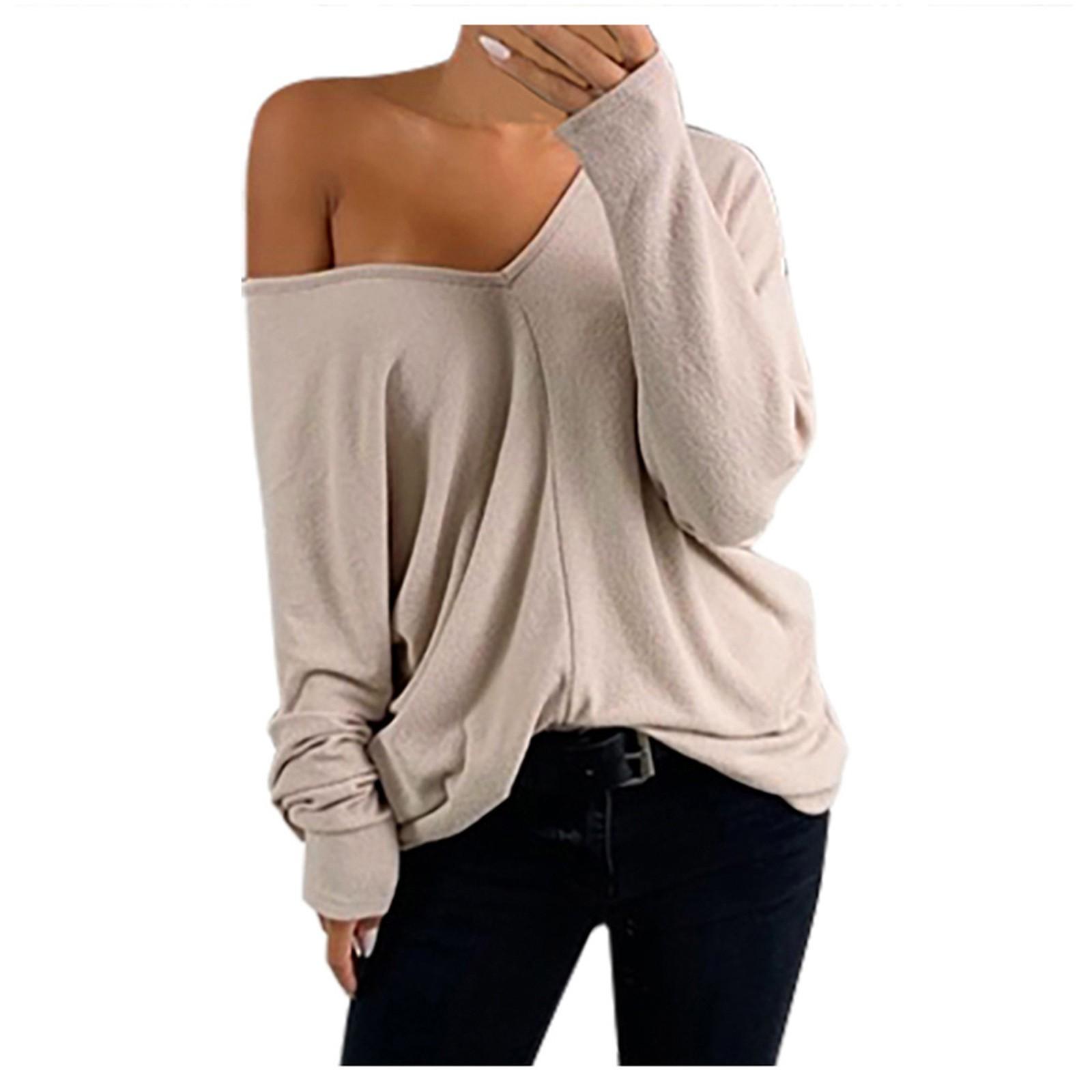 

Women Fashion Casual Solid V-Neck Loose Long Sleeve T-shirt Top Blouse Pullover M бежевий