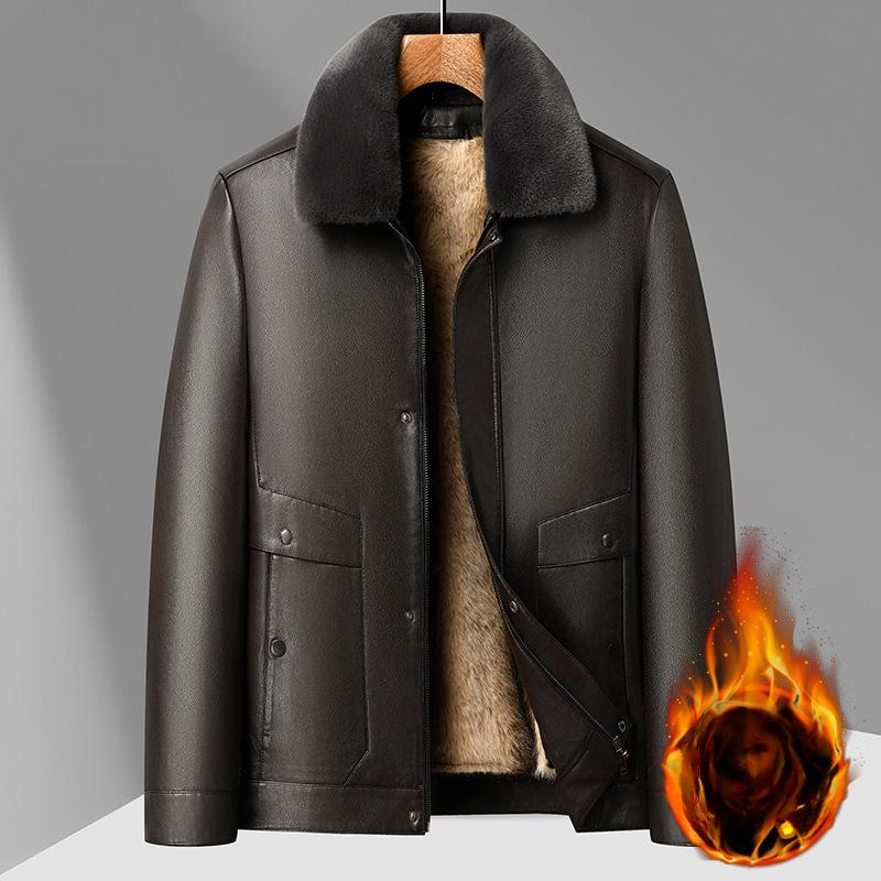 Herrläderjacka Ny Vinter Förtjockad Päls Krage Avtagbart Foder Plus Sammet Varm Läderjacka Pappa Läderjacka