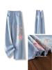 Light Blue Floral Embroidered Women's Curved Leg Jeans - New Chinese Style, Thin, Loose, Hip-Covering, Straight Leg for Spring and Autumn