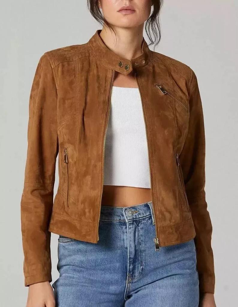 Dámská bunda Suede Hnědá Ručně vyrobená jehněčí kůže Originální motorkář stylový motocykl