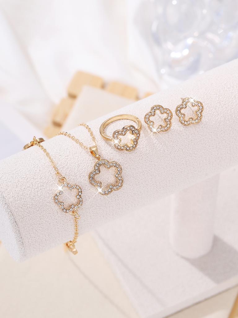 5 Pcs Women's Zircon Set - LuckyFive-Leaf Clover Necklace And Bracelet, Women's Accessories Suitable For Acations And Daily We