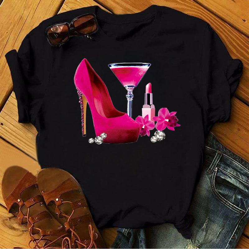 

Женская летняя футболка тренд принт туфли на высоком каблуке ретро мода футболки с коротким рукавом повседневные принтованные топы 8XL чёрный