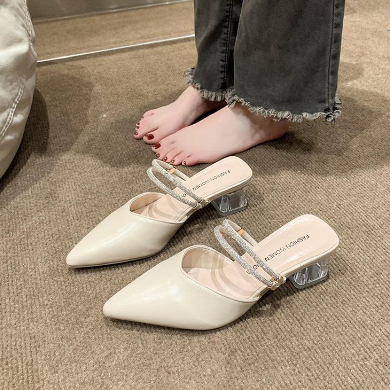 Fashion pointed high heels summer new thick heel solid color rhinestone sandals daily casual lady bag head slippers