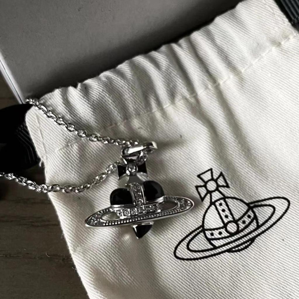 Small Heart Saturn Necklace with Enamel and Rhinestones - Punk Style