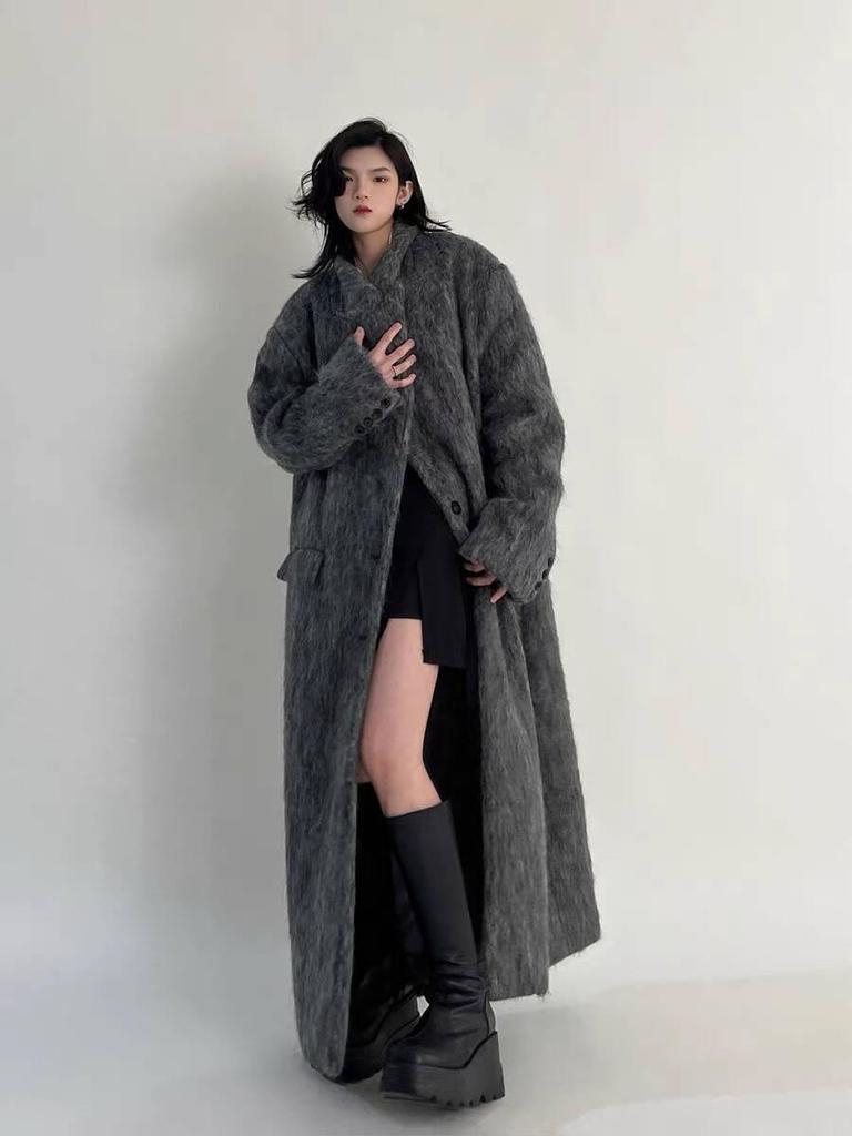 Náladový Nadměrný Korejský Francouzský Hepburn Styl Šedý Dlouhý Vlněný Streetwear Kabát