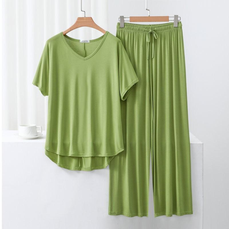 Summer Modal Homewear 2 Piece V-Neck Short Sleeve Tshirt and Wide Leg Pant Ankle Length Loose Sleepwear Set Comfort Pajama Sets