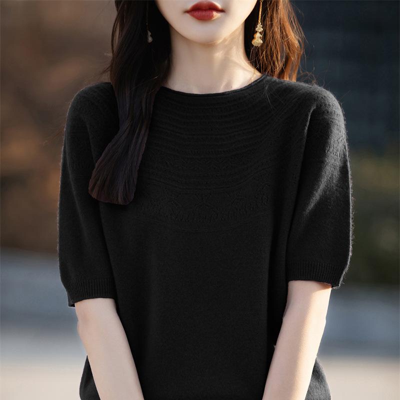 Knitted Short-sleeved T-shirt for Women In Summertime New Loose Pullover Sweater Large Size Round Neck Hollow Inner Layer Bottoming
