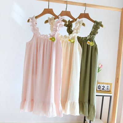 2026 Summer New Women's Suspender Nightdress 100% Cotton Crepe Thin Style Solid Color Floral Vest Skirt Home Skirt Sleepwear