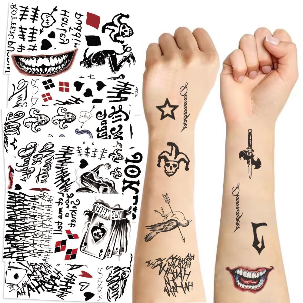 10 Blatt Joker Tattoo Aufkleber Schwarz Narbe Poker Böse Smiley Designs Party Make-up Wasserdichte Temporäre Tattoo Aufkleber