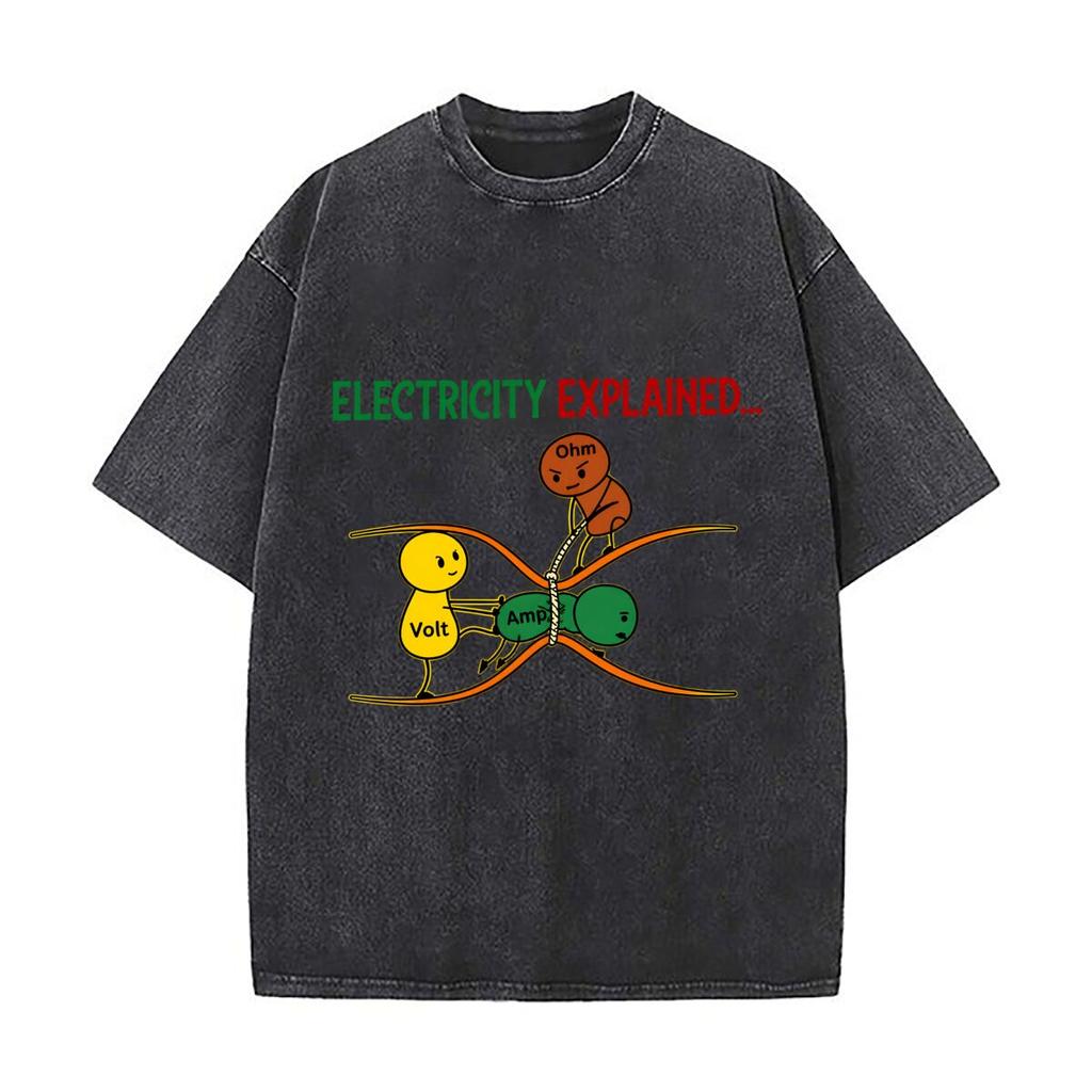 Electricity Explained Ohm Volt Amp Electrical Engineering Washed Short Sleeve Loose Streetwear Tee Hip Hop