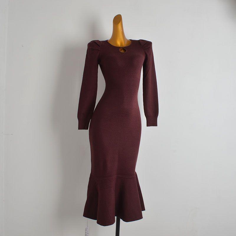 

Cabinet New Solid round Neck Hollow-out Puff sleeve Knitted dress Women clothes Spring, Autumn and Winter Waist Hugging Slimming Fishtail Skirt Picture color 165/88A