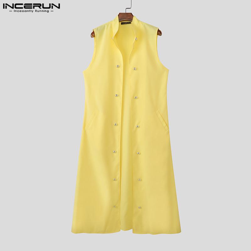 INCERUN Men Satnd Neck Sleeveless Open Front Decorative Buttons Casual Long Cardigan