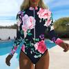 Women Long Sleeve One Piece Swimsuit Zip Front Rose Print Rash Guard Surfing Bathing Suit