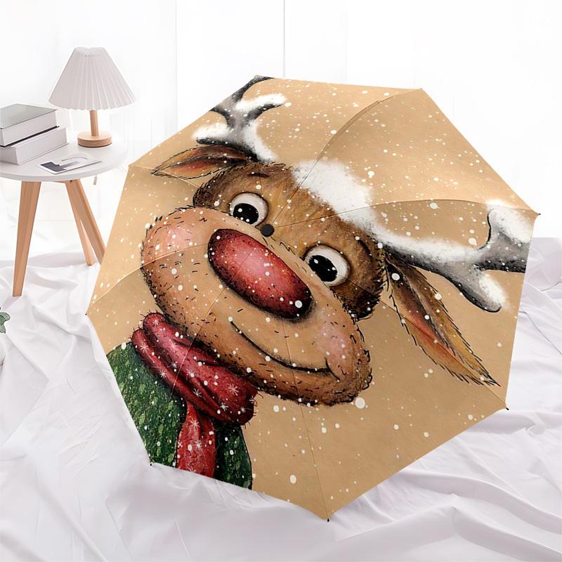 1pc Christmas Reindeer with Snowy Antlers, Festive Gift Idea for Fans, Travelers, Everyday Use, Auto Open Close Umbrella with Foldable Design & 8-Iron