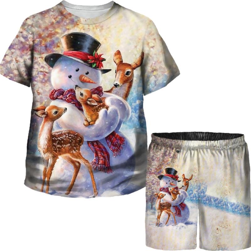 Boys Girls Funny Christmas T Shirts Shorts Sets Xmas Santa Claus 3D Printed Tees/Suits Kids Holiday Party Vacation Clothing Set