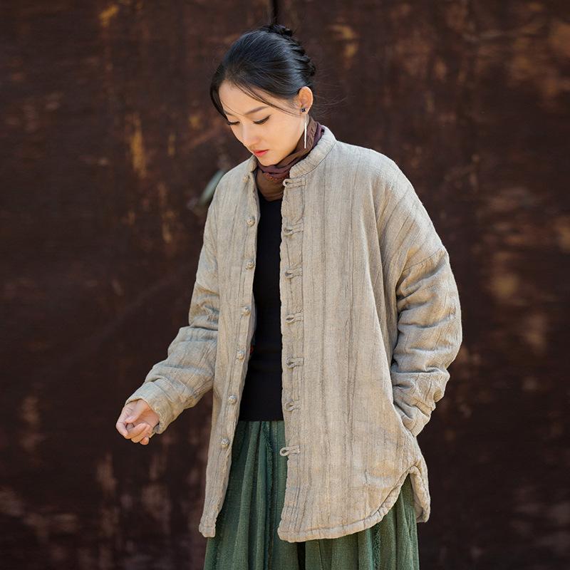 Johnature Women Vintage Winter Tie-dye Chinese Style Coats Button Stand Long Sleeve Coats